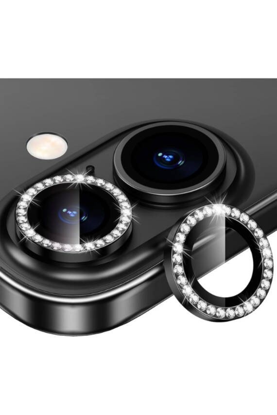 Iphone 16 /16 Plus Uyumlu Kamera Koruma Taşlı Lens Koruyucu Temperli Cam Koruma Black - 1
