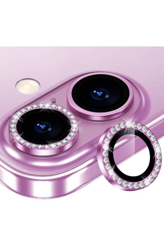 Iphone 16 /16 Plus Uyumlu Kamera Koruma Taşlı Lens Koruyucu Temperli Cam Koruma Pink - 1