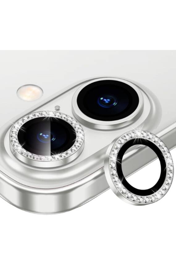 Iphone 16 /16 Plus Uyumlu Kamera Koruma Taşlı Lens Koruyucu Temperli Cam Koruma Silver - 1