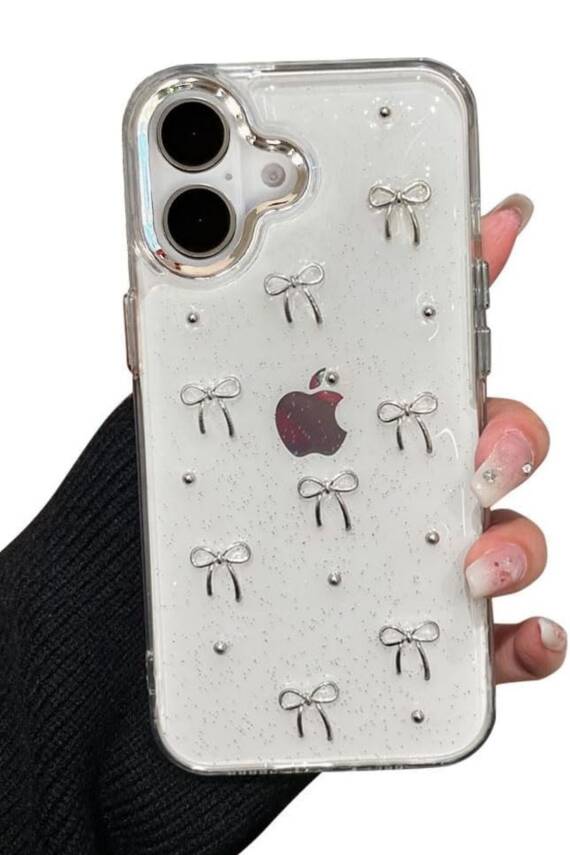 iPhone 16 Plus uyumlu Fiyonk Desenli Şeffaf Kılıf Simli Darbeye Karşı Dayanıklı Kapak - 1