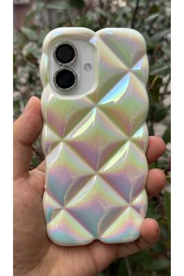 İphone 16 Plus Uyumlu Kılıf Beyaz Baklava Desenli Hologramlı Dayanıklı Yumuşak Silikon Kapak - KVK