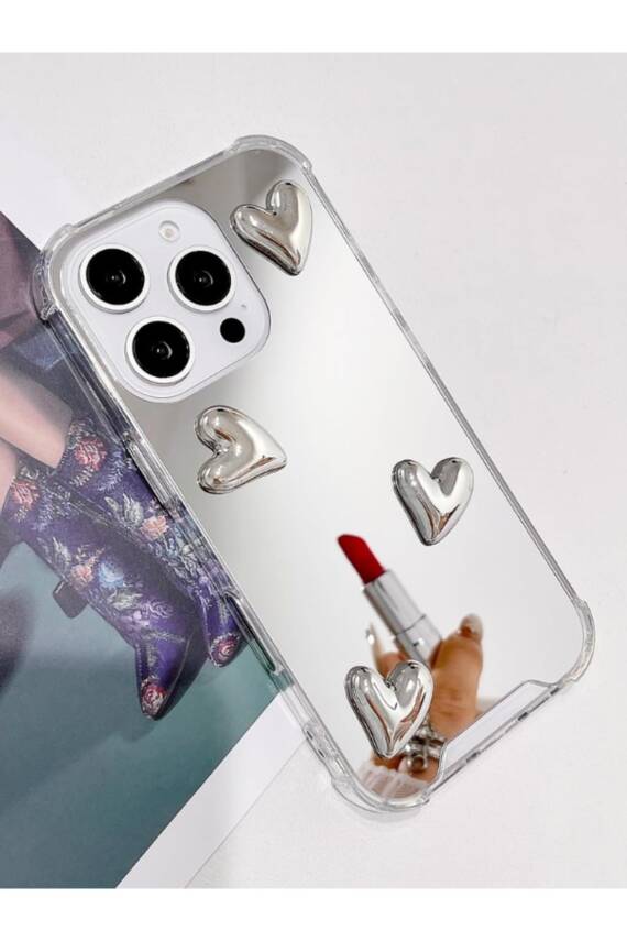 İphone 16 Pro Max Uyumlu Aynalı Kılıf Gümüş Kalp Tasarımlı Şık Darbelere Karşı Dayanıklı Esnek Kapak - 1