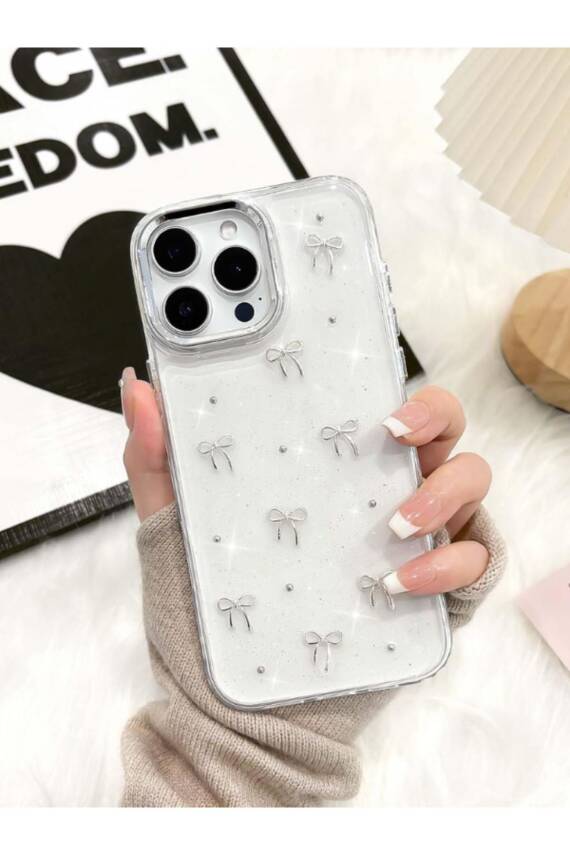 iPhone 16 Pro Max Uyumlu Fiyonk Desenli Şeffaf Kılıf Simli Darbeye Karşı Dayanıklı Kapak - 1