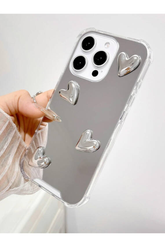 İphone 16 Pro Uyumlu Aynalı Kılıf Gümüş Kalp Tasarımlı Şık Darbelere Karşı Dayanıklı Esnek Kapak - 1
