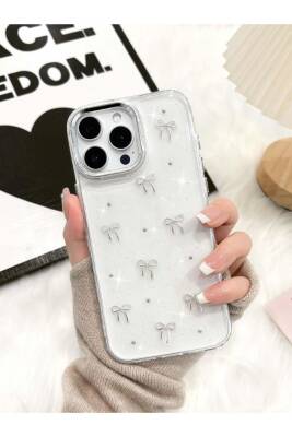 iPhone 16 Pro uyumlu Fiyonk Desenli Şeffaf Kılıf Simli Darbeye Karşı Dayanıklı Kapak - KVK PRİVACY