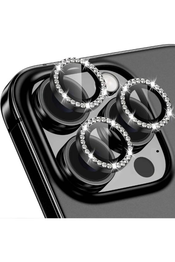 Iphone 16 Pro/16 Promax Uyumlu Kamera Koruma Taşlı Lens Koruyucu Temperli Cam Koruma Black - 1