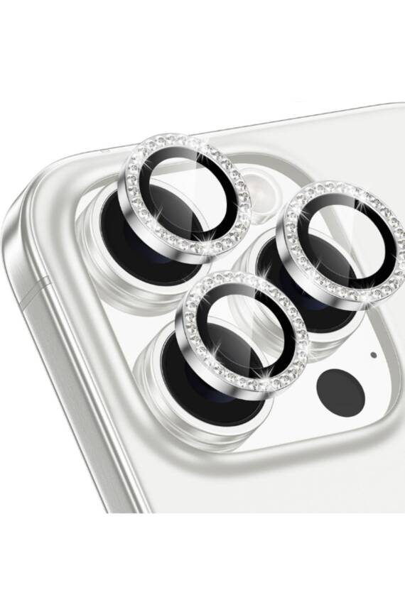 Iphone 16 Pro/16 Promax Uyumlu Kamera Koruma Taşlı Lens Koruyucu Temperli Cam Koruma Silver - 1
