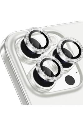 Iphone 16 Pro/16 Promax Uyumlu Kamera Koruma Taşlı Lens Koruyucu Temperli Cam Koruma Silver - KVK PRİVACY