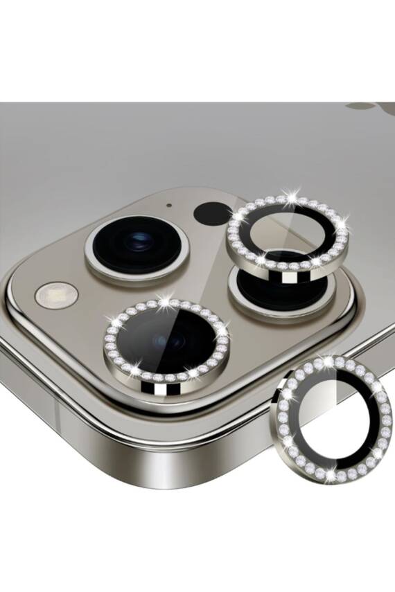 Iphone 16 Pro/16 Promax Uyumlu Kamera Koruma Taşlı Lens Koruyucu Temperli Cam Koruma Titanyum - 1