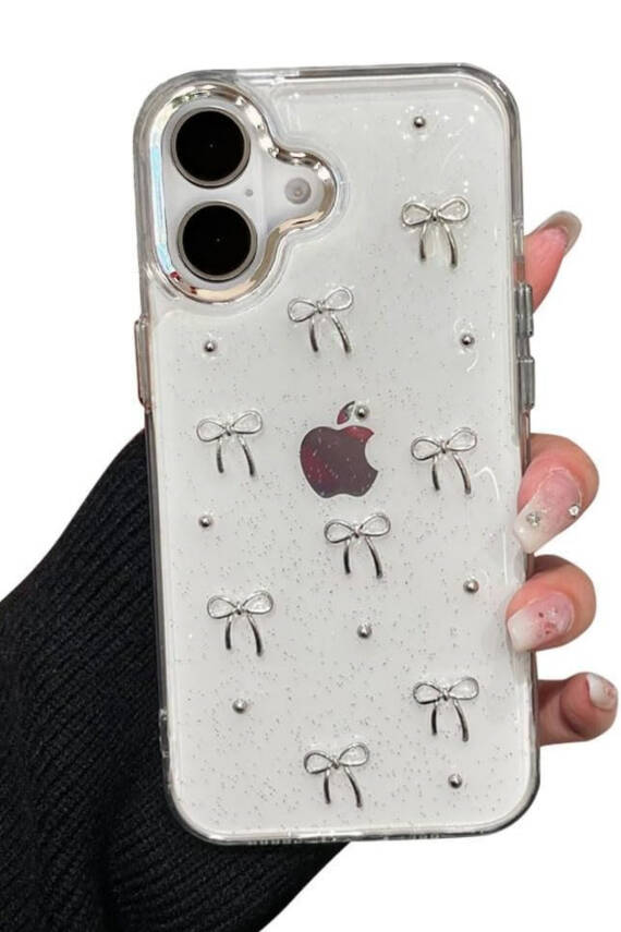 iPhone 16 Uyumlu Fiyonk Desenli Şeffaf Kılıf Simli Darbeye Karşı Dayanıklı Kapak - 1