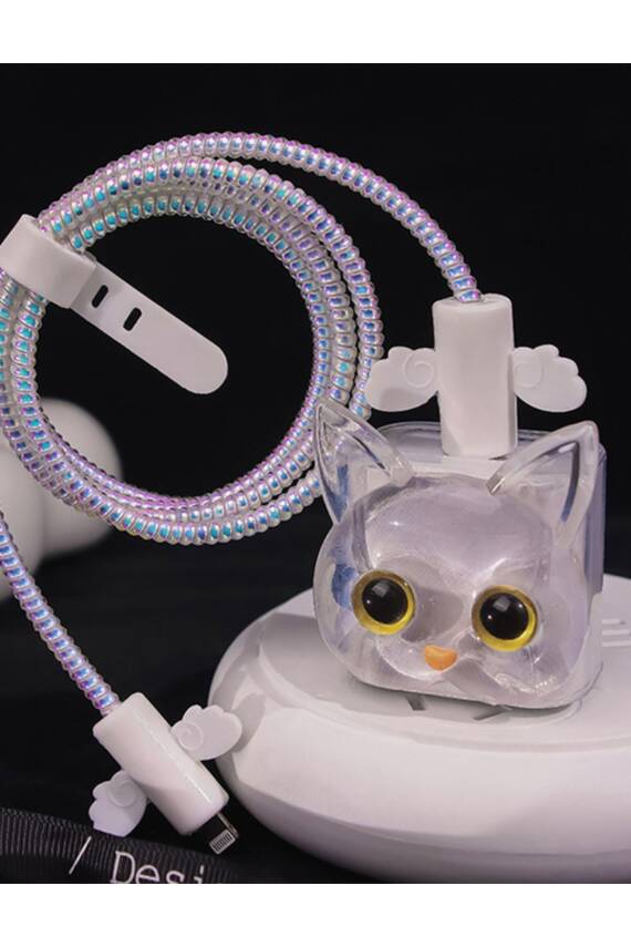 İphone 18w/20w Uyumlu Şarj Kılıfı, Şarj Kablosu Örme Aparatı, Kablo Koruyucu Toparlayıcı Şeffaf Kedi - 1